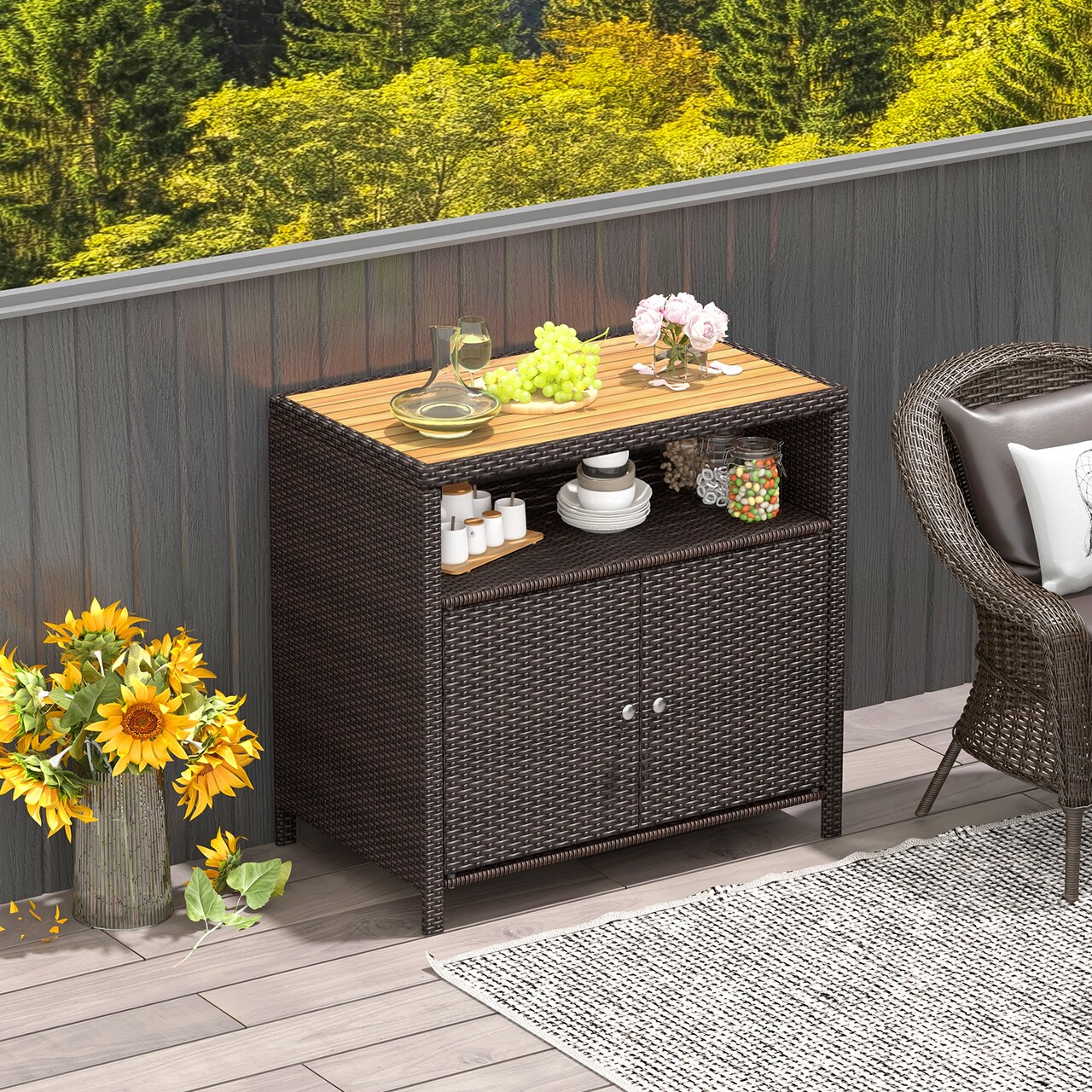 Outdoor Rattan Storage Cabinet with Acacia Wood Top 2-Door Patio Sideboard with Shelf and Rack
